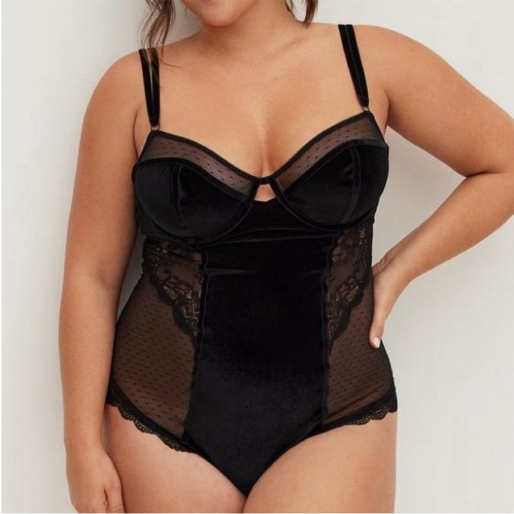 Torrid Black Velour And Lace Bodysuit